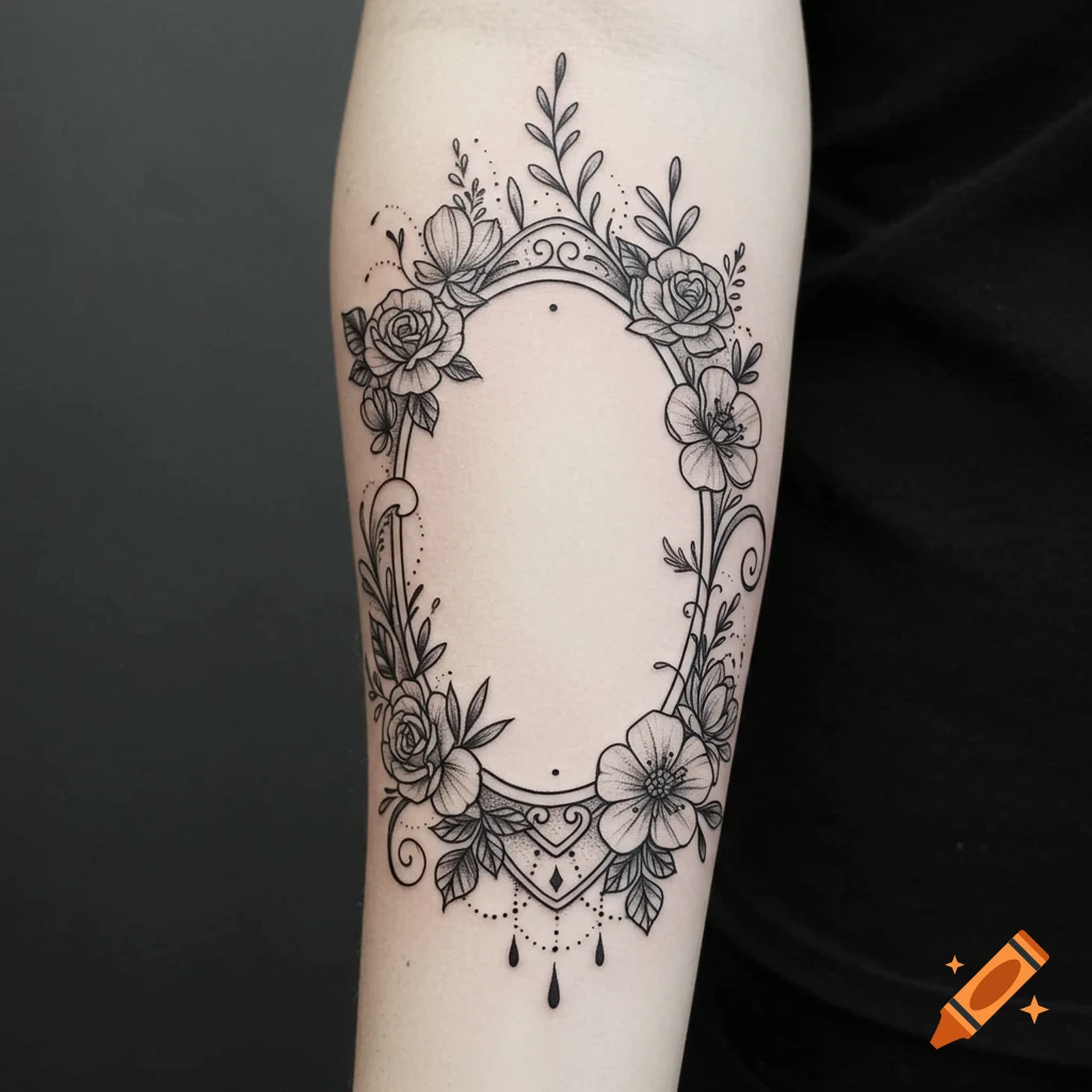 Black and grey tattoo of an ornate oval frame surrounded by detailed flowers and vines on a forearm.