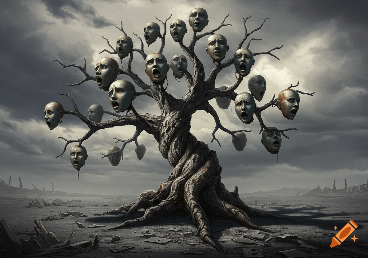 A gnarled, dark tree with human-like heads with open mouths hanging from its branches, set against a dark, stormy sky in a desolate landscape.