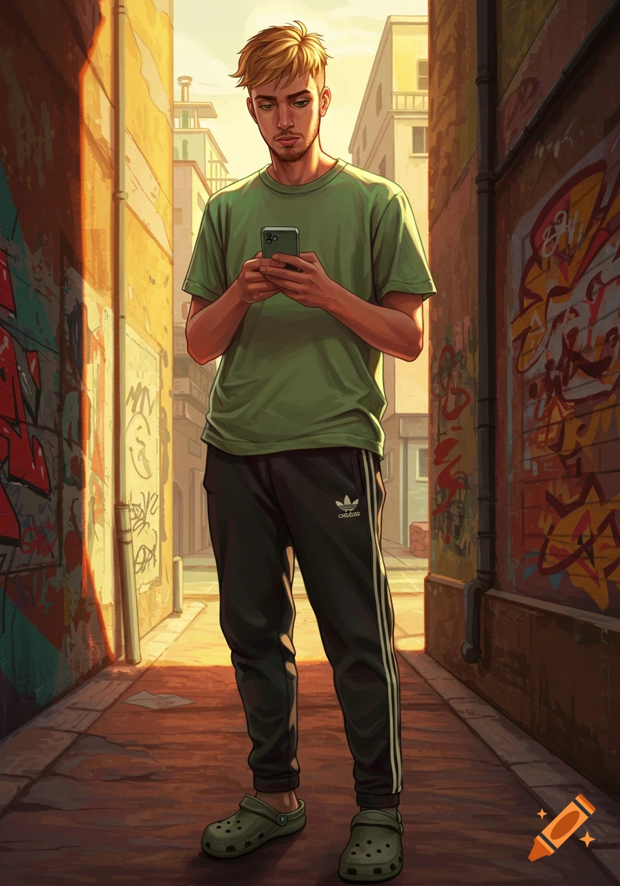 A young man with blonde hair and a beard, wearing a green t-shirt, black sweatpants, and green crocs, looks at his phone in a graffiti-covered alley.