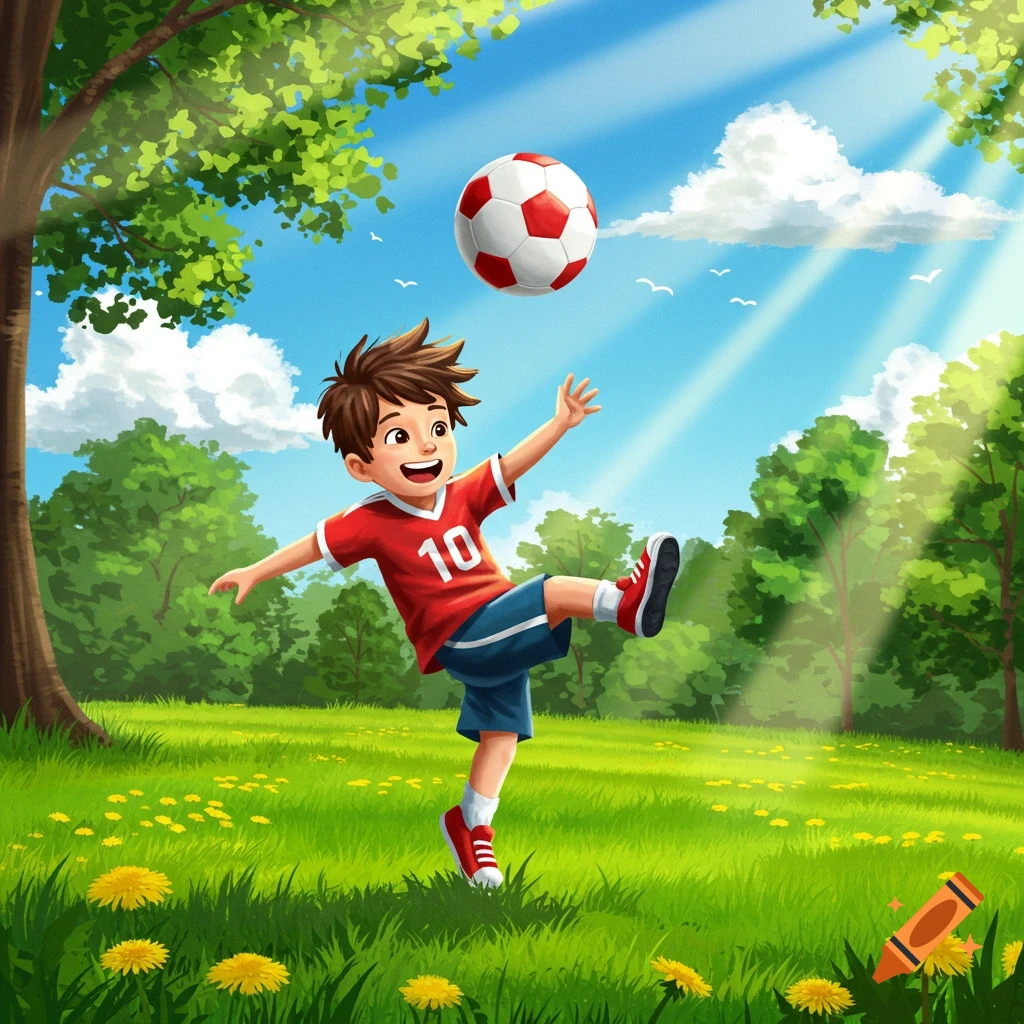 Cartoon illustration of a boy in a red jersey with number 10 kicking a soccer ball in a sunny green field.