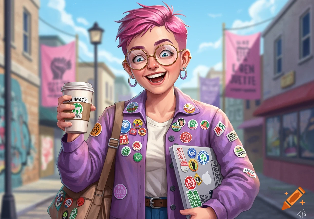 A smiling woman with pink hair and glasses, wearing a button-covered jacket, holding a coffee cup and a laptop, stands on a city street.