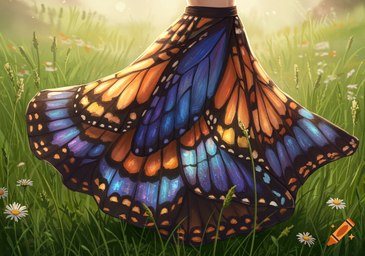 A vibrant orange and blue skirt resembling monarch butterfly wings, worn in a sunlit field with tall green grass and white daisies, digital art.