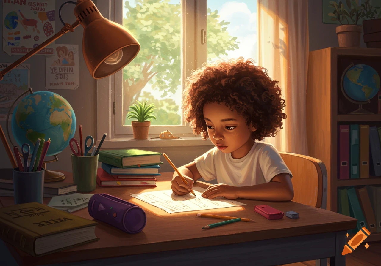 A young child with curly hair intently writing on a paper at a wooden desk with a lamp, books, and a globe, bathed in warm sunlight.
