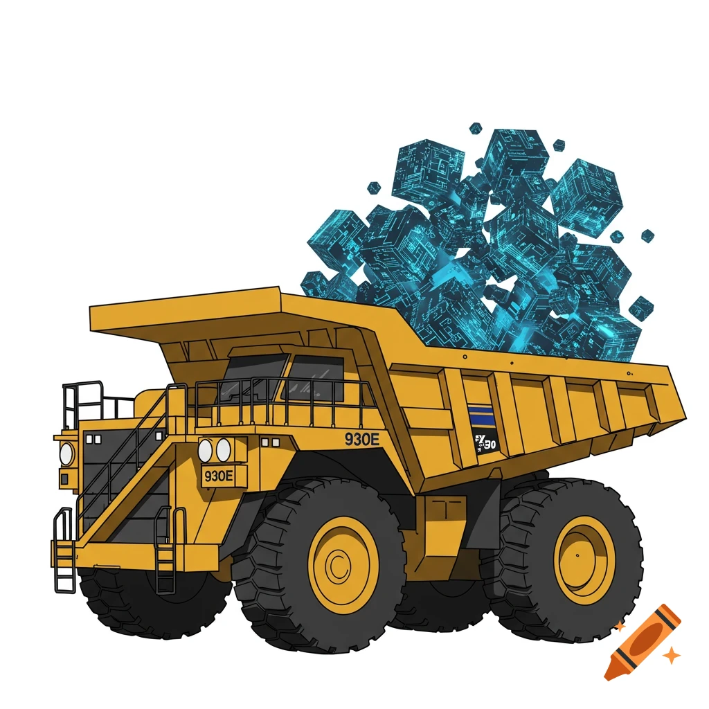 A yellow Komatsu 930E mining truck carries a load of glowing blue digital cubes, on a white background, in an illustrated style.