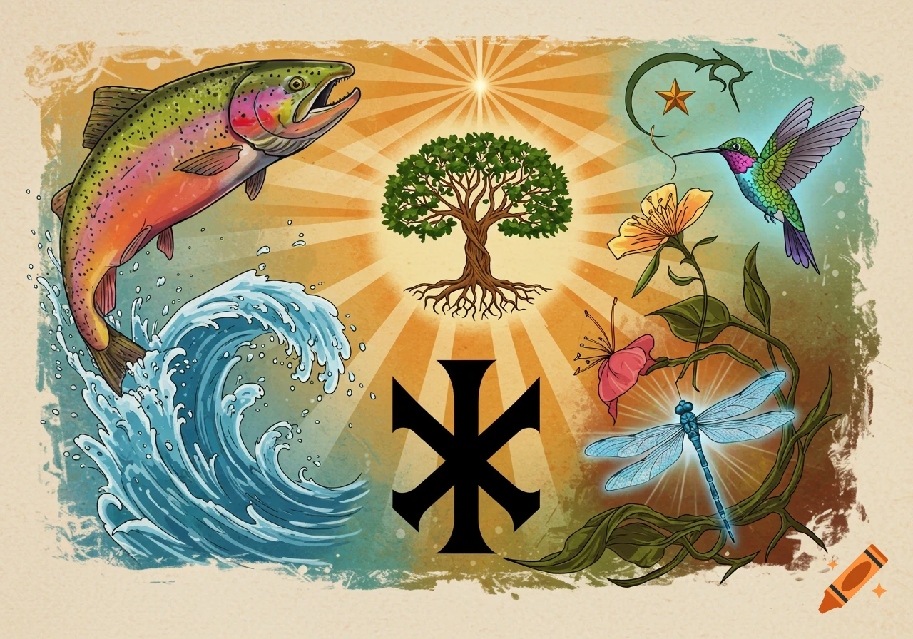 An illustrative collage featuring a jumping salmon over waves, a tree with roots, a hummingbird, flowers, a dragonfly, and a black symbol, all against a sunburst background.