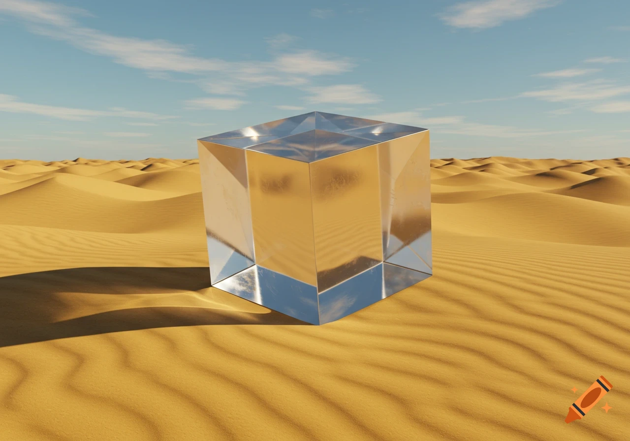 A large, clear, reflective cube stands prominently in a vast desert landscape with rolling sand dunes under a blue sky.