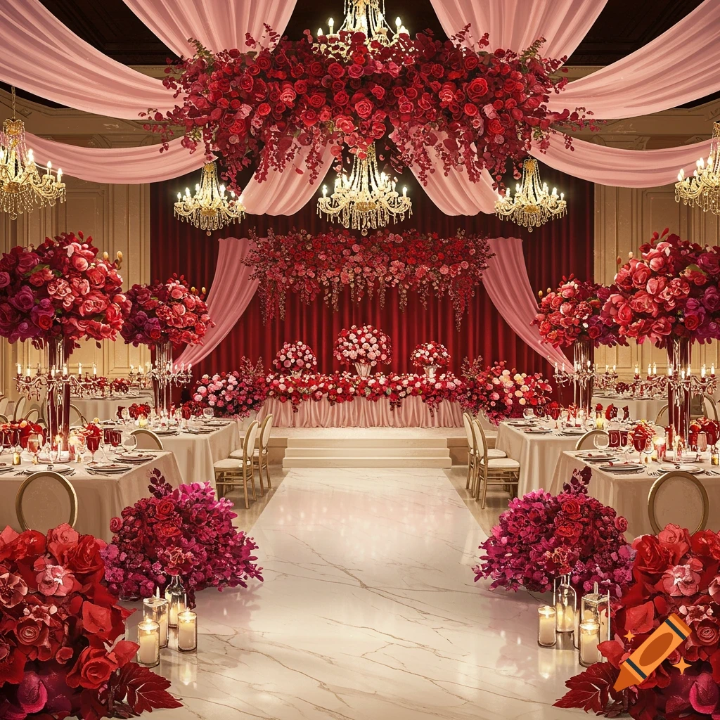 A lavish wedding reception hall adorned with red and pink flowers, sparkling chandeliers, and elegant drapes.