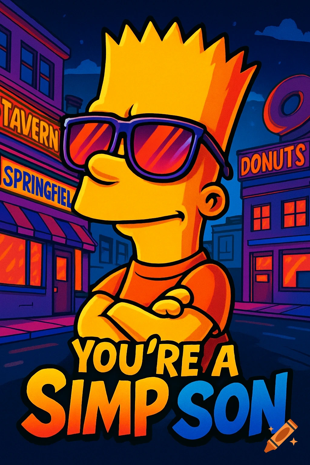 Stylized illustration of Bart Simpson wearing sunglasses, arms crossed, with neon signs for 'Tavern' and 'Donuts' in the background, and text 'YOU'RE A SIMP SON'.