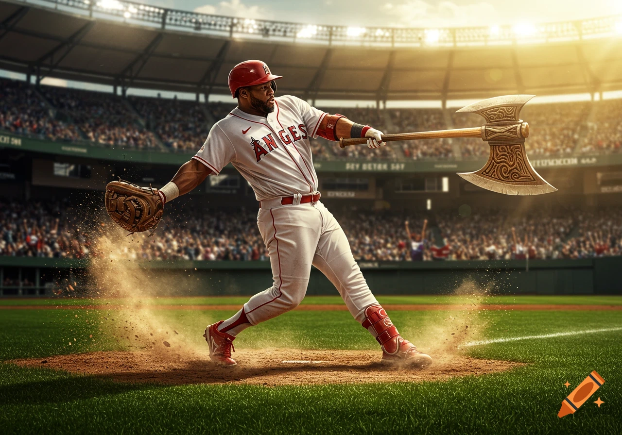 Photorealistic image of a baseball player in a white uniform swinging a large fantasy axe on a baseball field under sunlight.
