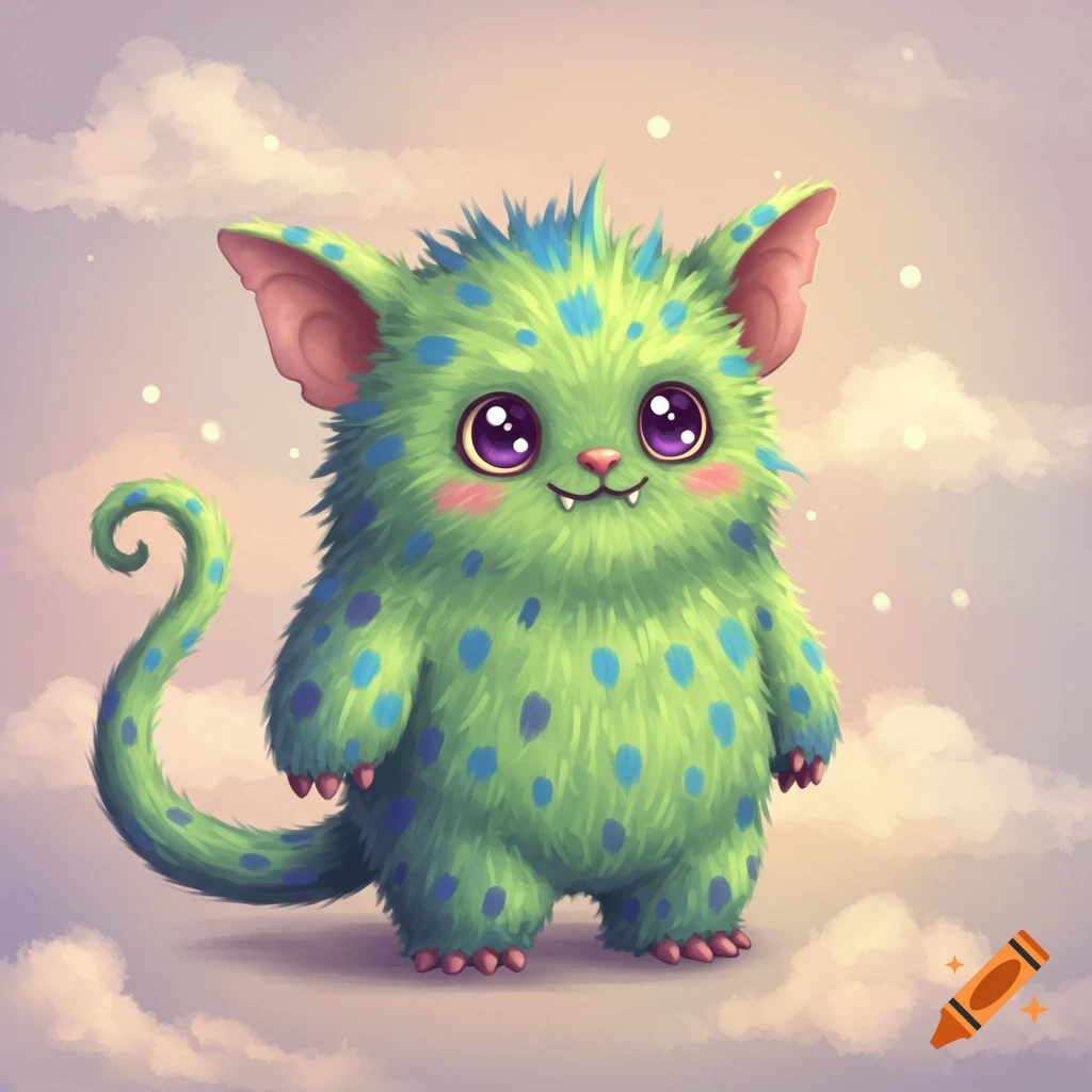 A cute, fluffy green monster with blue spots, large purple eyes, pointy ears, and a curled tail stands against a cloudy background in a cartoon illustration.