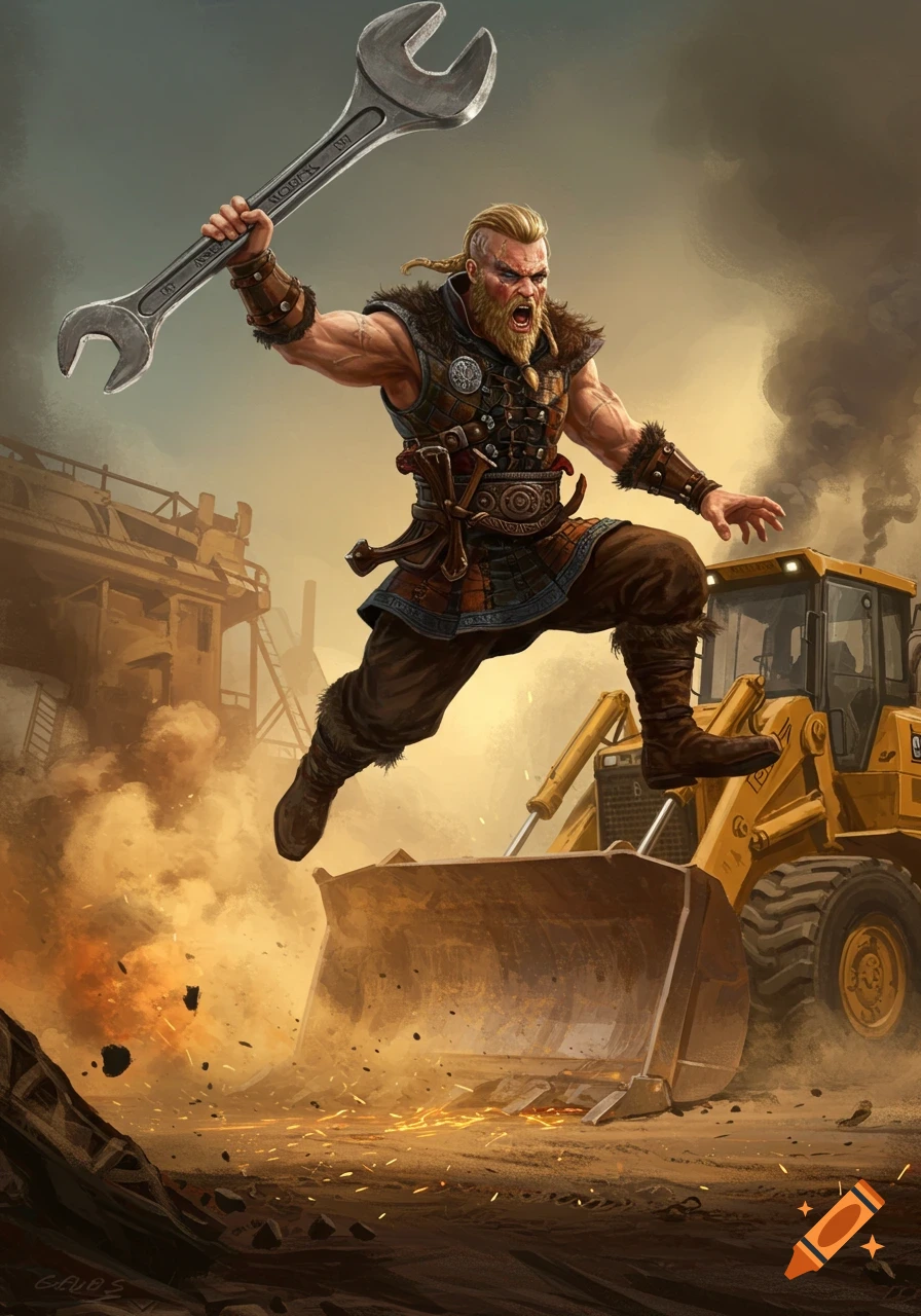 A muscular Viking warrior with braided blonde hair jumps in mid-air holding a giant wrench over a yellow bulldozer on a dusty construction site.