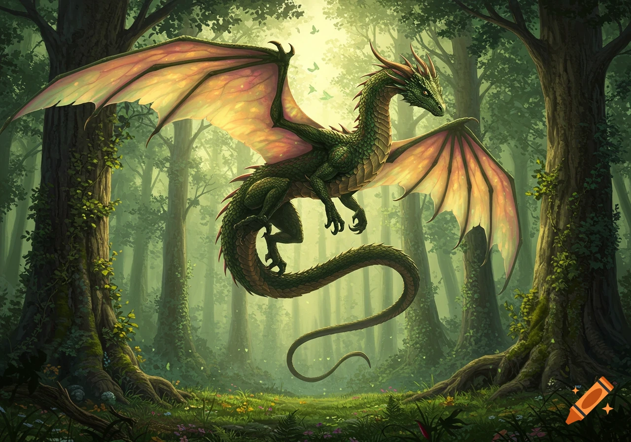 A majestic green dragon with golden-pink wings flies through a sunlit, vibrant forest.