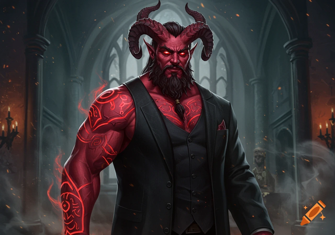 A burly red-skinned tiefling with horns and glowing red eyes, wearing a black suit, standing in a gothic castle.
