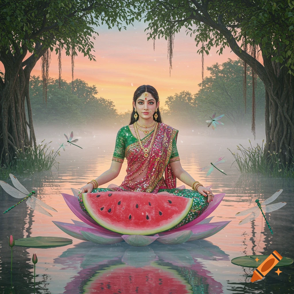 A woman in traditional Indian attire meditates on a watermelon lotus on a misty lake at sunset with dragonflies.