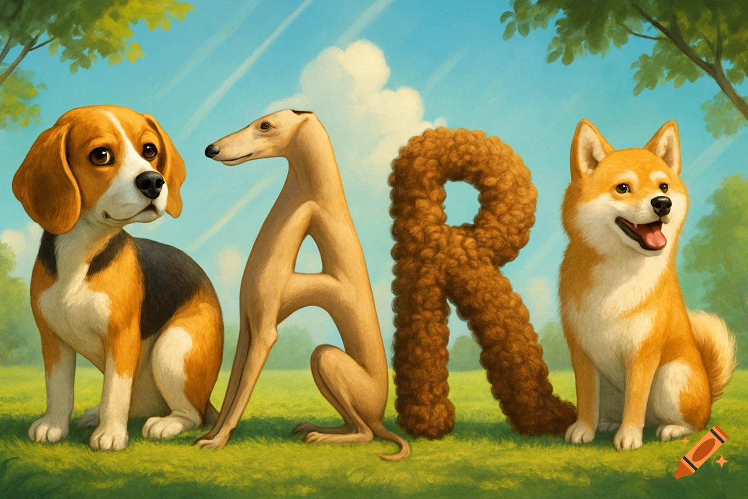 Four stylized dogs on green grass spell the word BARK under a blue sky with trees.