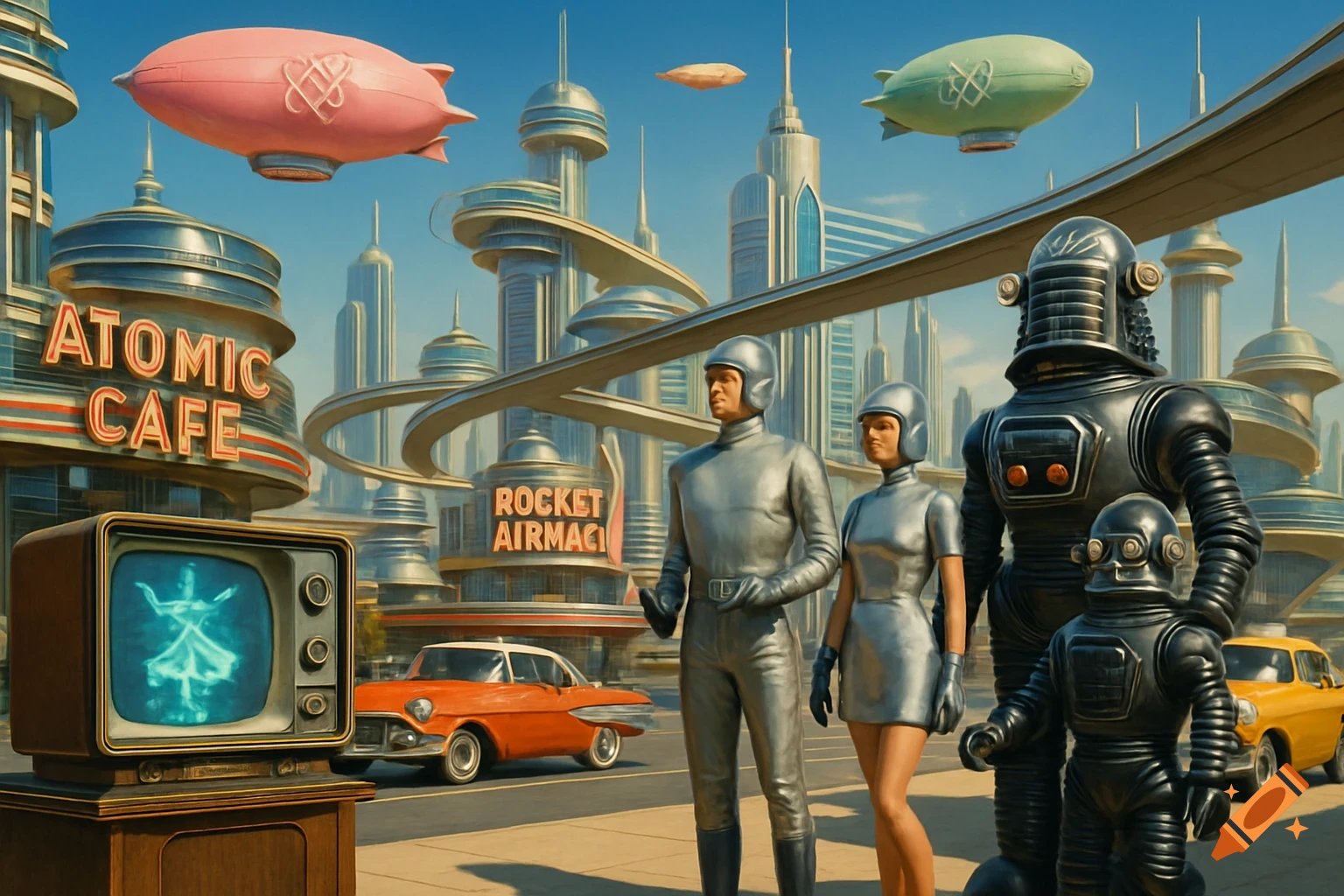 A vibrant retro-futuristic cityscape with flying blimps, Googie architecture, robots, and people in silver jumpsuits.