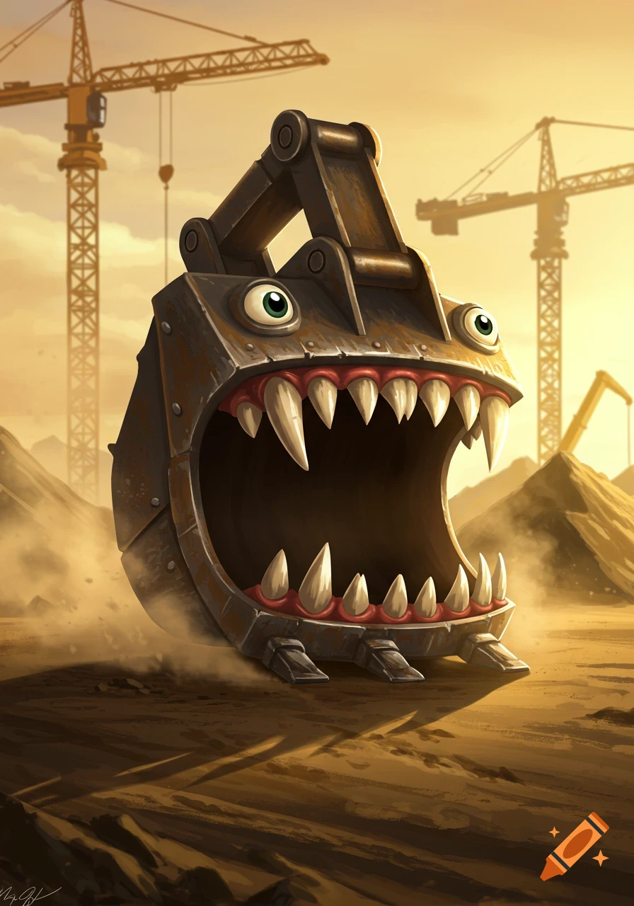 A cartoon illustration of an excavator bucket transformed into a monster with sharp teeth and eyes, set against a construction site background.