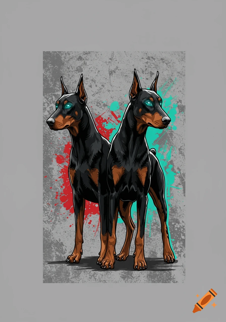 Two stylized black and tan Doberman dogs with glowing blue eyes stand against a grey grunge background with red and turquoise paint splatters.