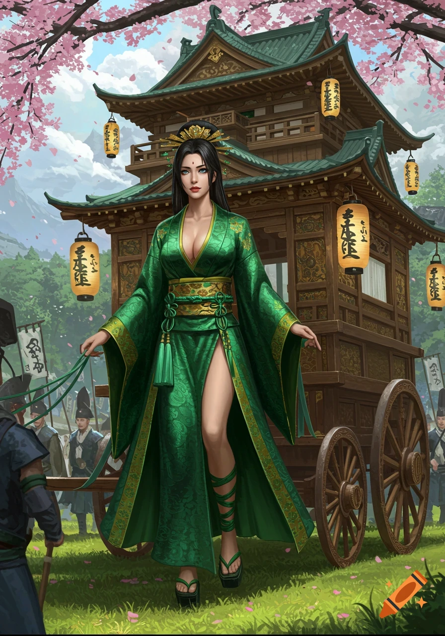 An empress in a green kimono with a high slit stands in front of a Japanese-style wagon under cherry blossoms.