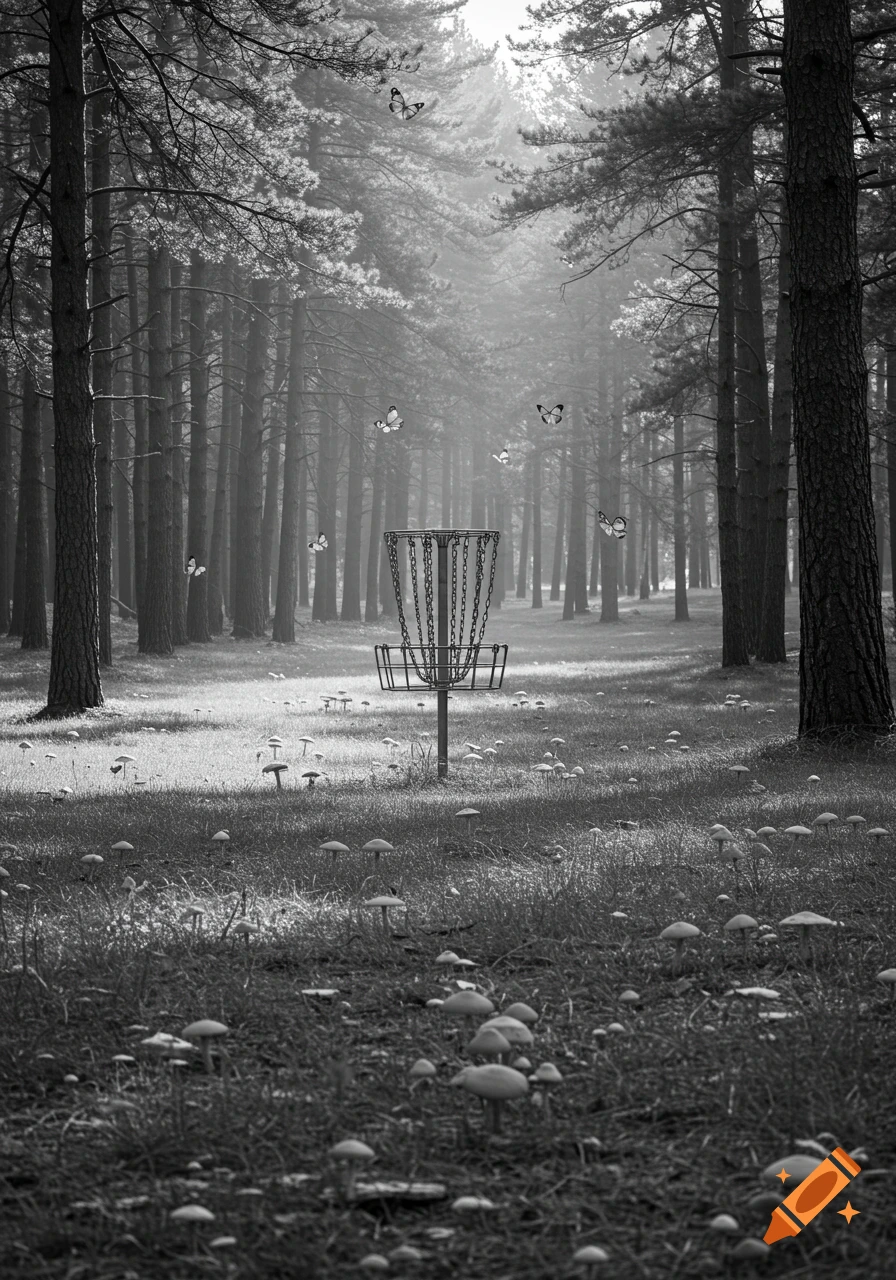 A black and white photo of a disc golf basket surrounded by mushrooms and butterflies in a sunlit pine forest.