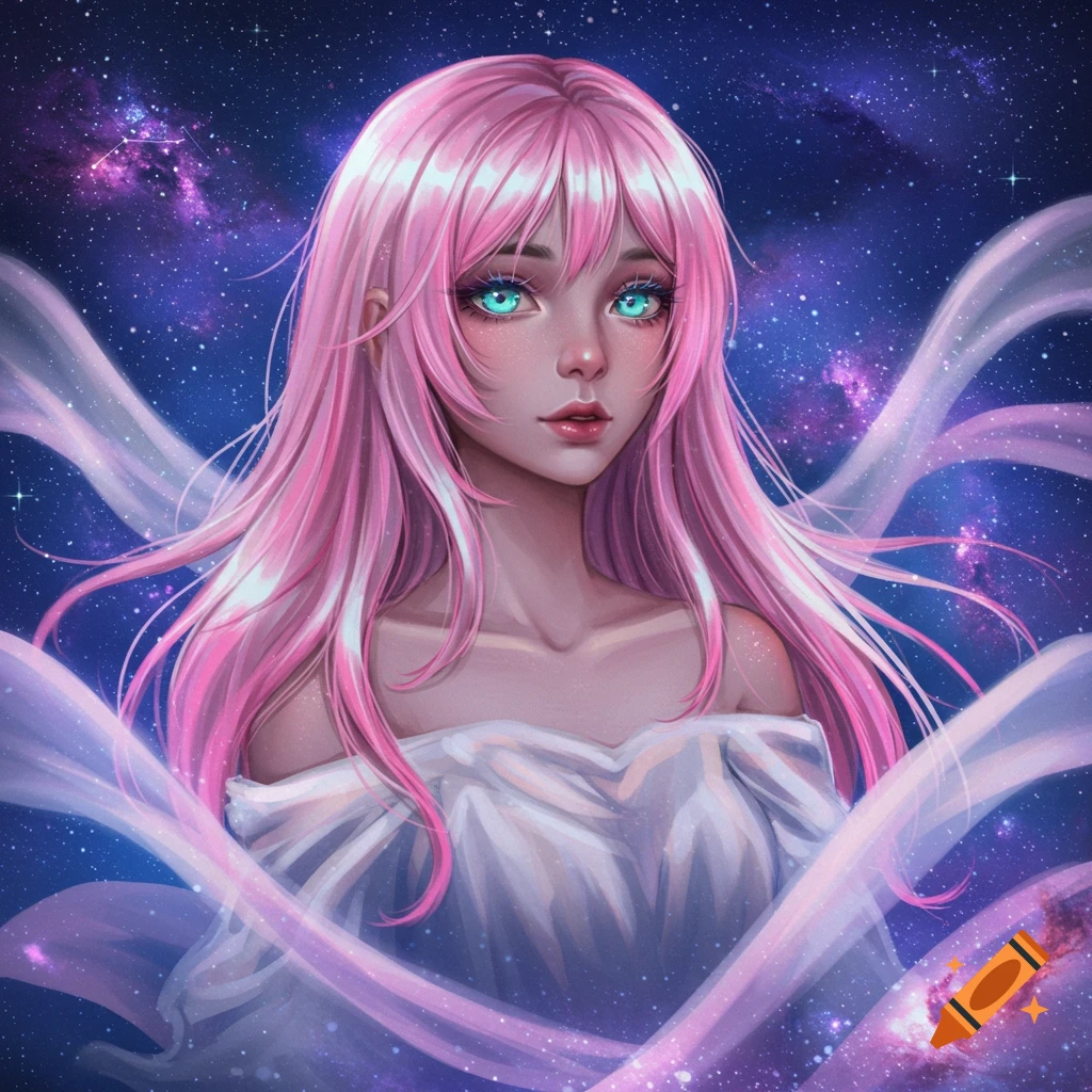 An anime girl with long pink hair and glowing blue eyes looks forward, set against a vibrant starry night sky.