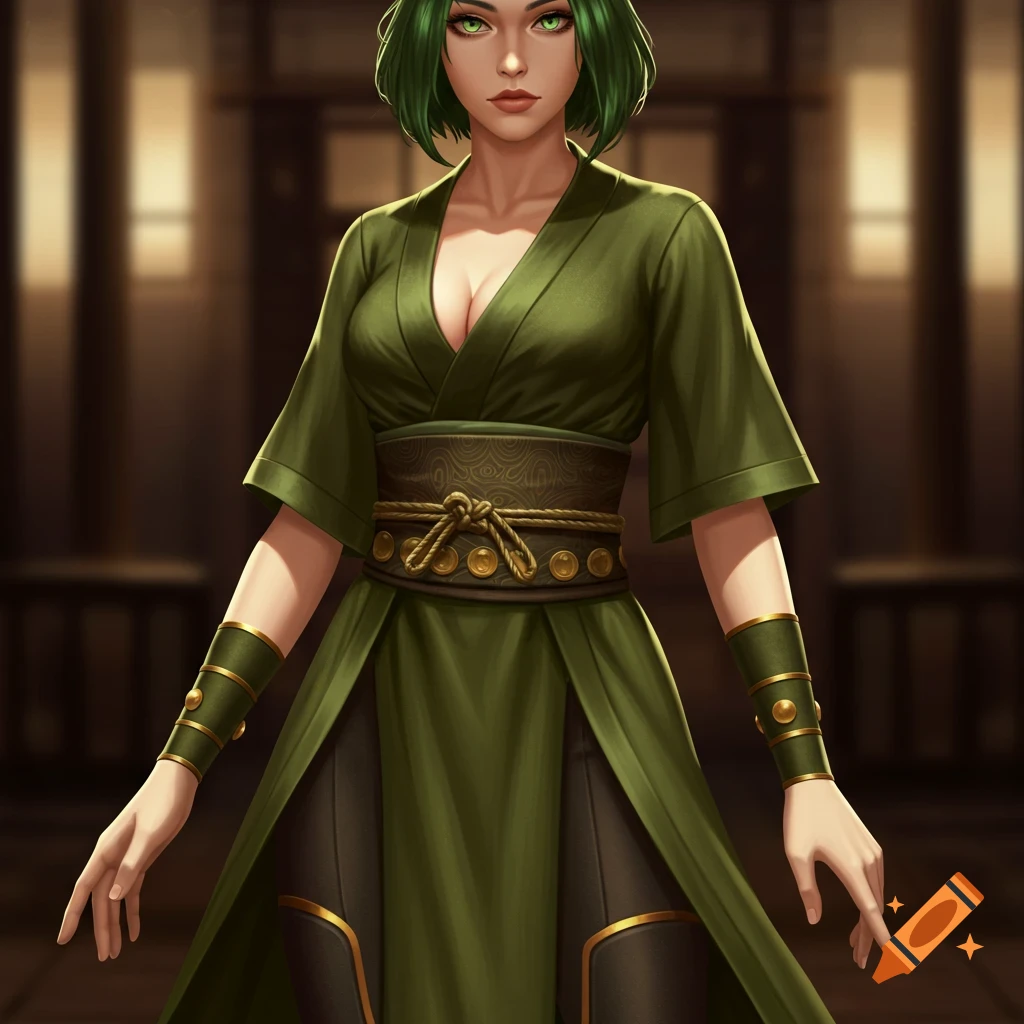A fantasy woman with short green hair and green eyes, wearing a flowing green kimono-like dress with a patterned sash and gold armbands.