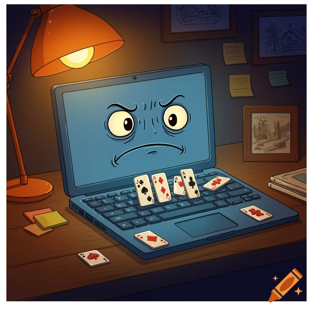 A cartoon illustration of an angry laptop with playing cards as keyboard keys, on a desk under a lamp.