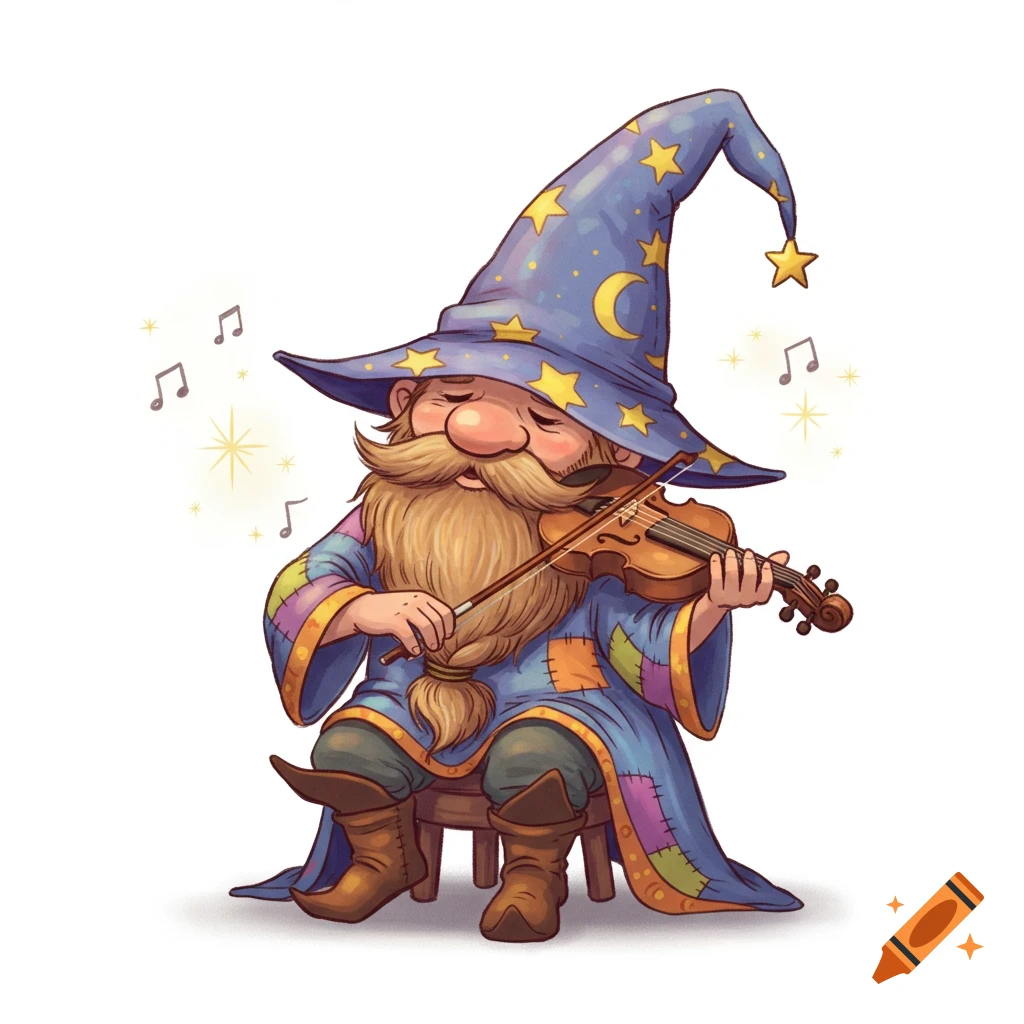 A cartoon gnome wizard with a long beard and blue pointed hat decorated with stars and a moon, plays a violin, with music notes floating around.