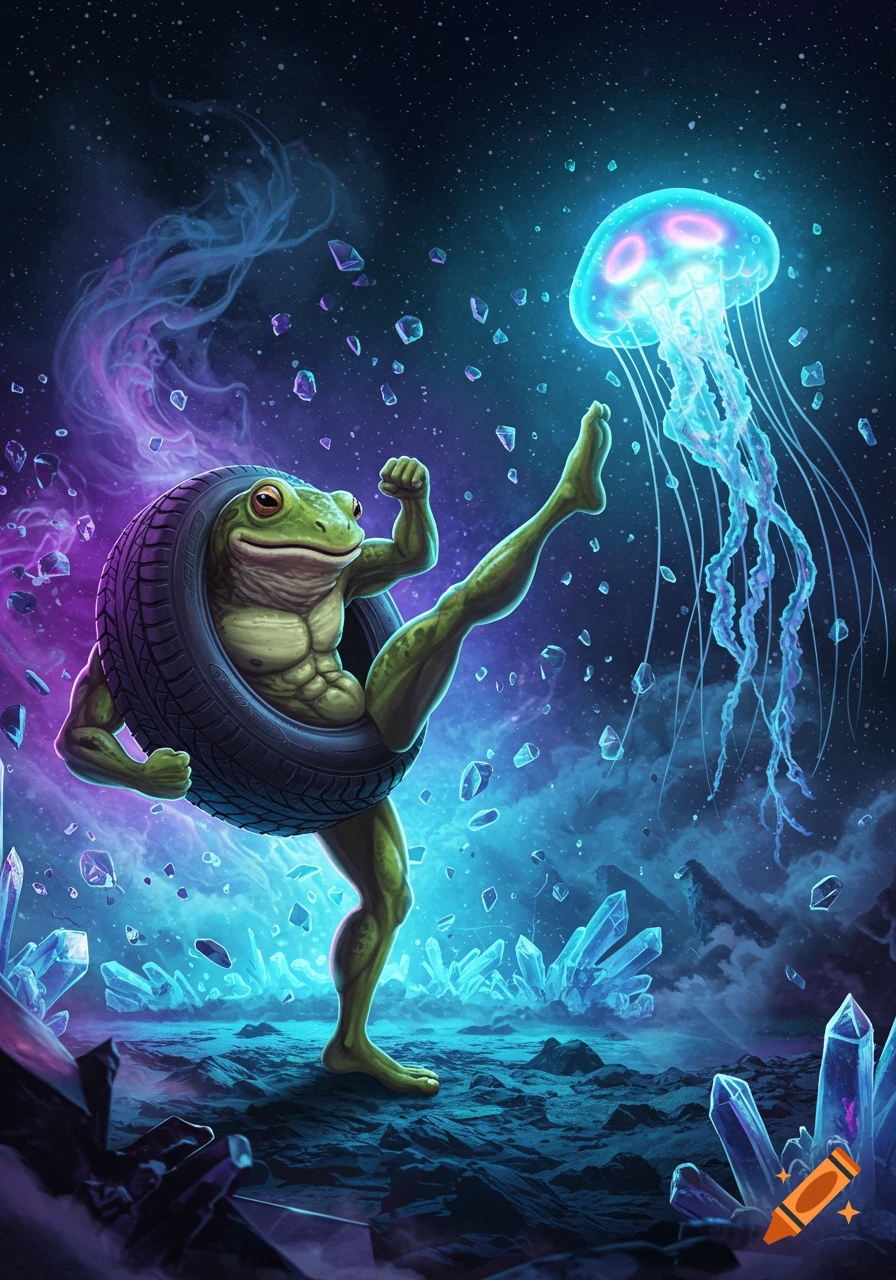 A muscular frog-headed creature in a tire kicks a glowing blue jellyfish in a vibrant cosmic landscape with floating crystals.