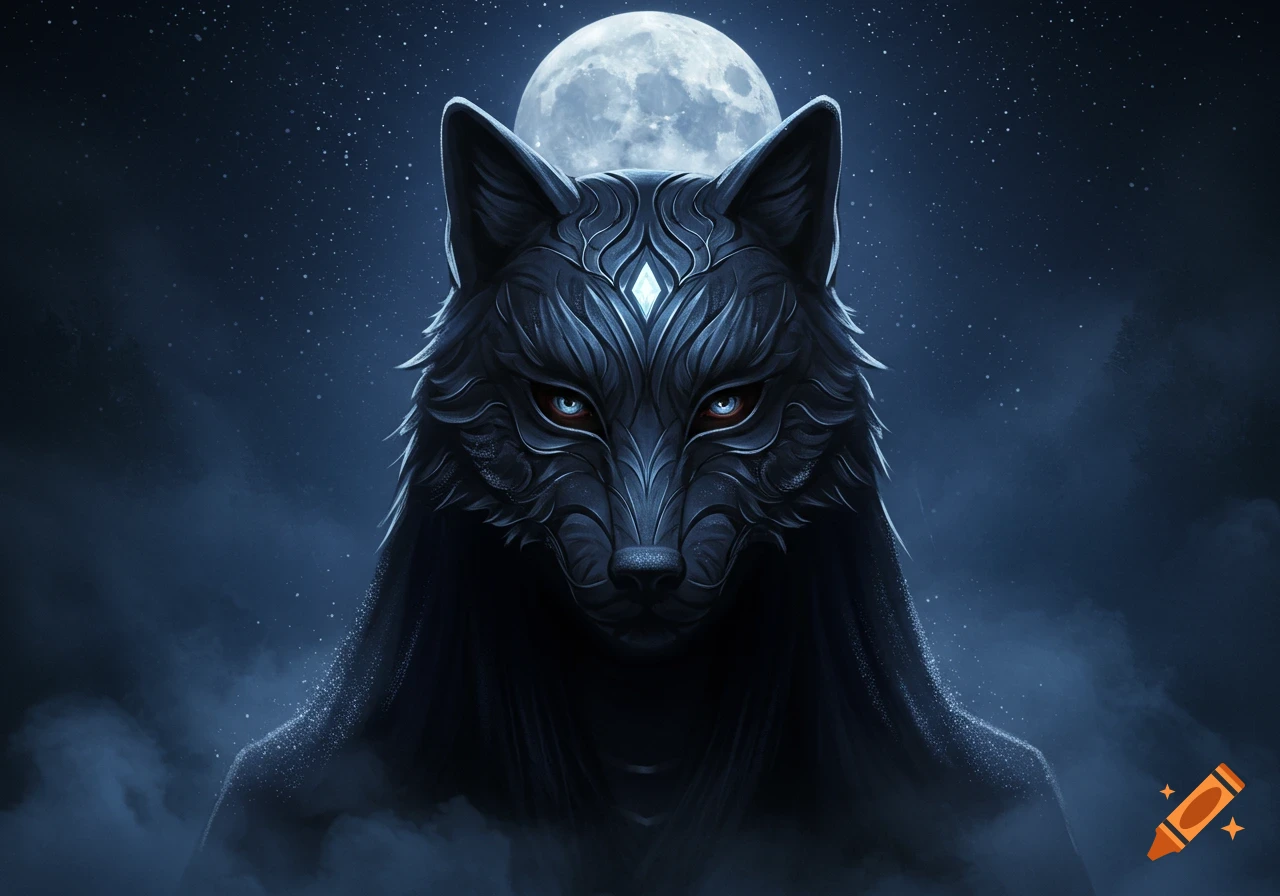 A mysterious, stylized dark wolf-like figure with intricate patterns and glowing eyes against a full moon in a starry night sky with mist.