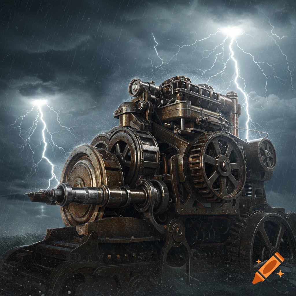 A detailed steampunk engine with gears and pipes stands in a heavy rainstorm with lightning strikes in a dark, cloudy sky.