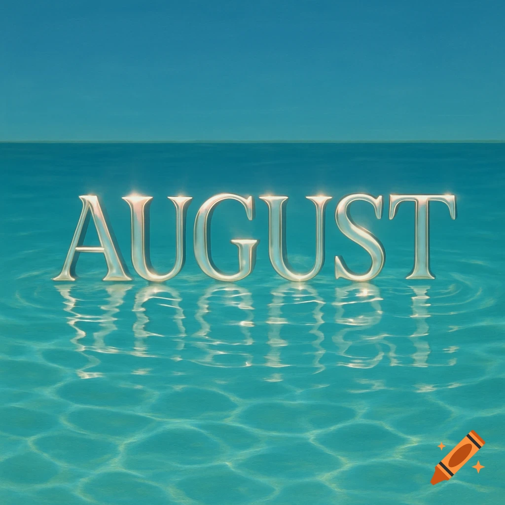 The word AUGUST rendered in metallic 3D letters, partially submerged in clear blue water with ripples and sunlight reflections.