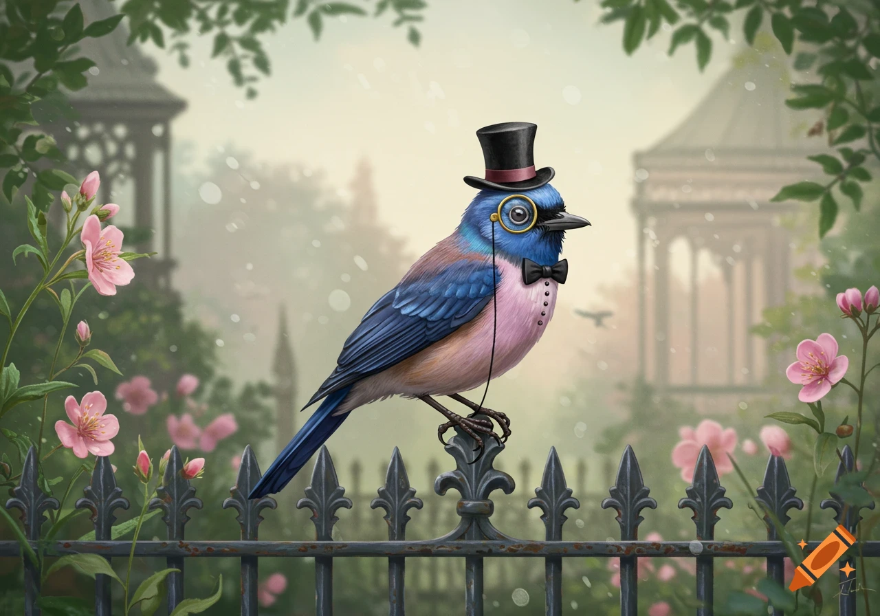 A blue and pink bird wearing a top hat, monocle, and bow tie, perched on an iron fence in a lush garden with pink flowers.