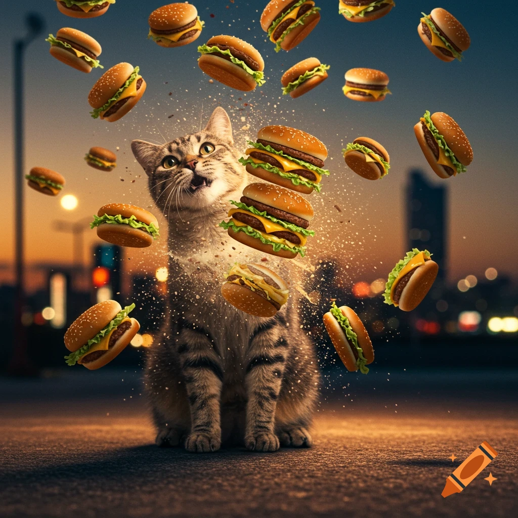 A startled tabby cat looking up as numerous hamburgers rain down and explode around it in a surreal outdoor scene.