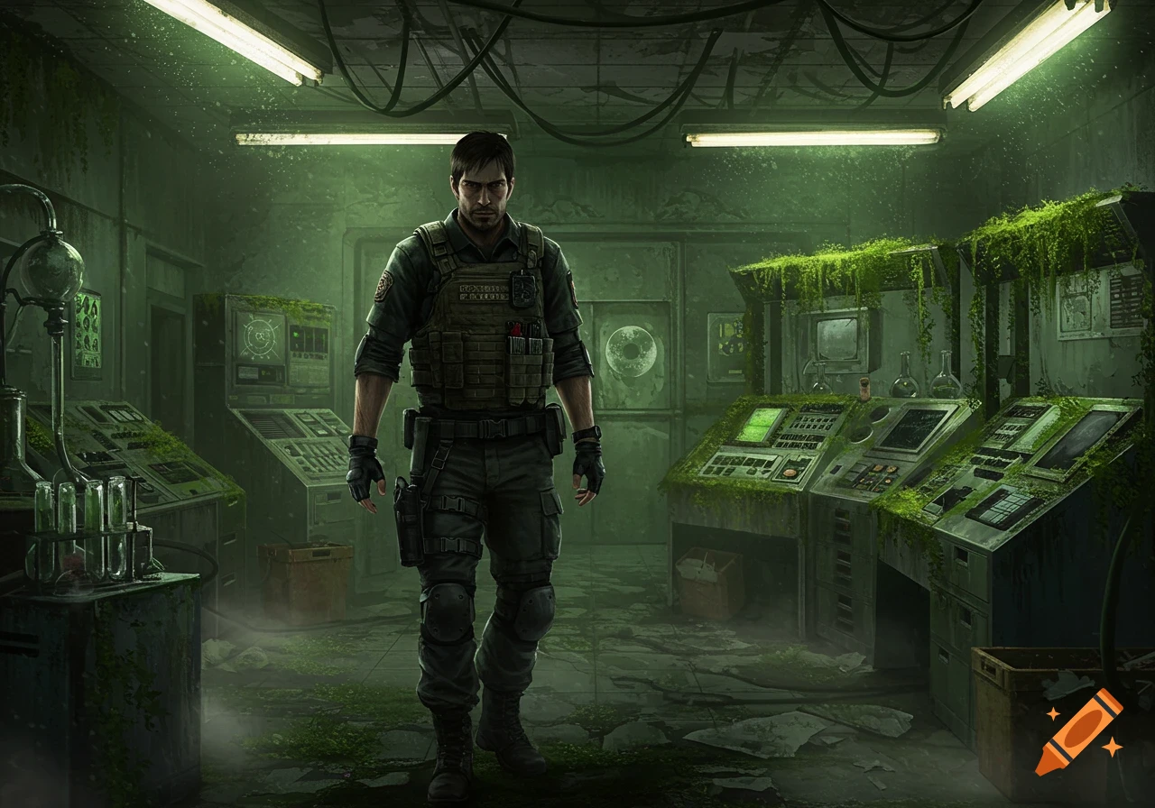 A man in tactical gear stands in an overgrown, derelict laboratory with glowing green computer screens and equipment, under fluorescent lights.