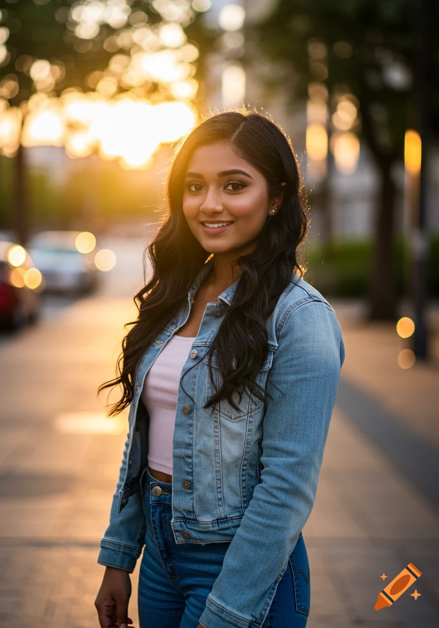 A young South Asian woman with long dark hair, wearing a denim jacket and jeans, smiles at the camera on a city street at sunset.