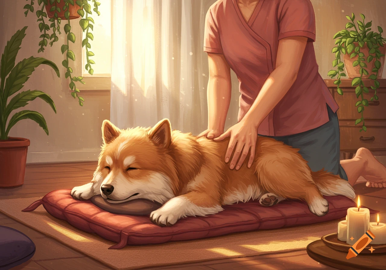 A cute shiba inu dog receives a massage from a person on a red pillow in a cozy, sunlit room with plants and candles.