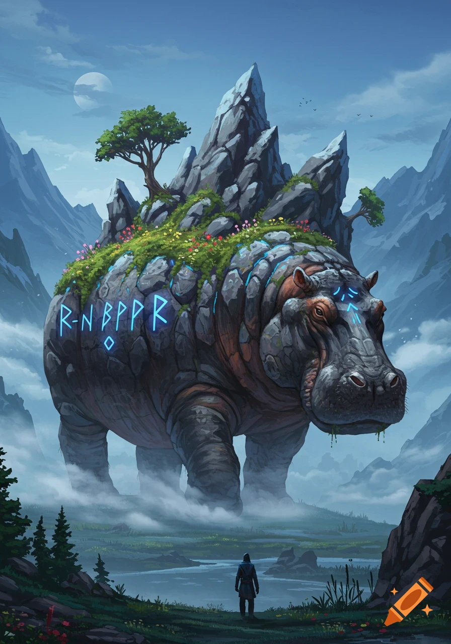 A colossal stone hippo-like creature with a mountain and trees on its back, glowing blue runes on its side, stands in a misty valley with a small figure looking up at it. Fantasy art.