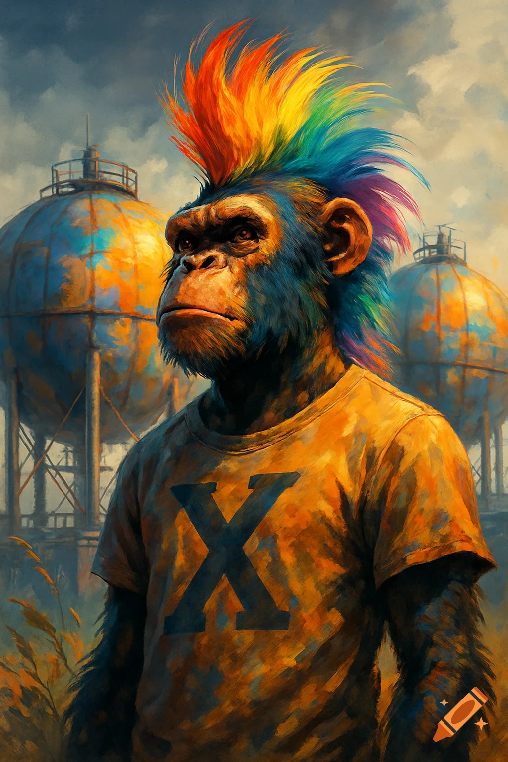 A colorful ape with a rainbow mohawk and a yellow t-shirt with a blue 'X' stands in front of spherical storage tanks in a painterly style.