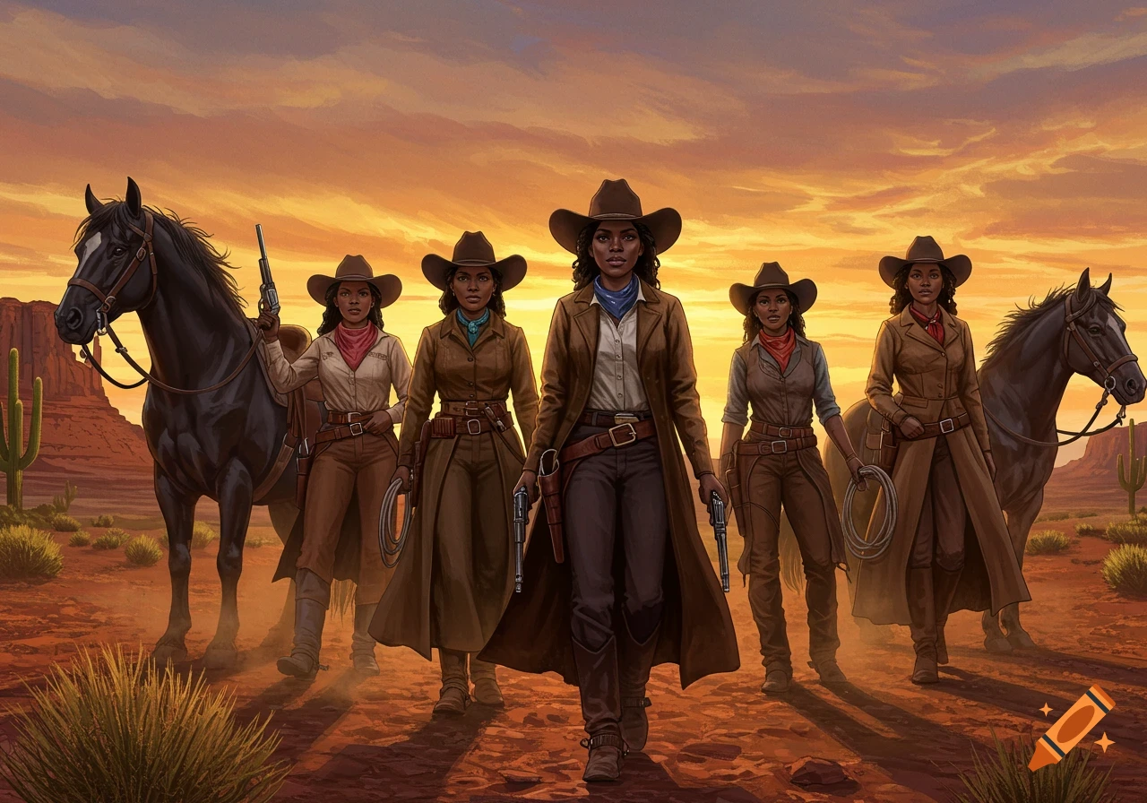 Five Black cowgirls and two horses walk forward in a desert at sunset, in an illustrated style.