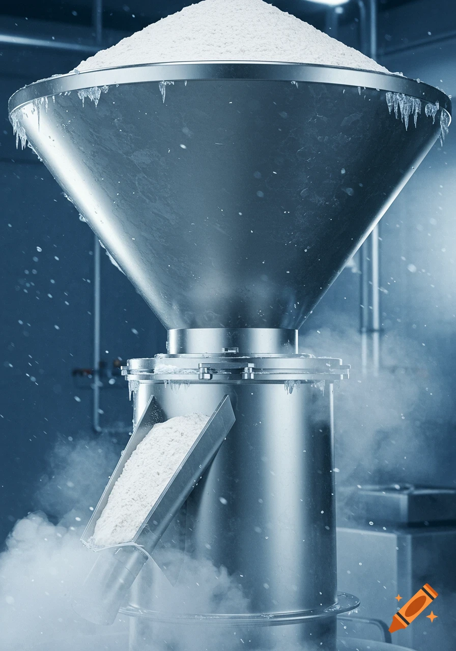 Photorealistic image of flour cooling in a stainless steel industrial hopper, with icicles and vapor indicating a cold process.
