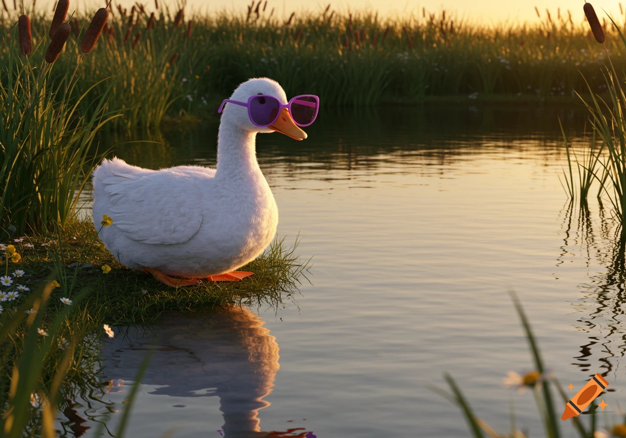 A white goose wearing purple sunglasses sits on a grassy bank next to a pond during golden hour.