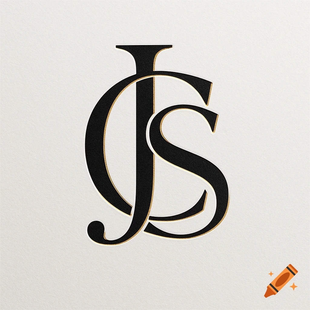 A black and gold monogram design featuring overlapping initials J, C, and S on a light textured background.