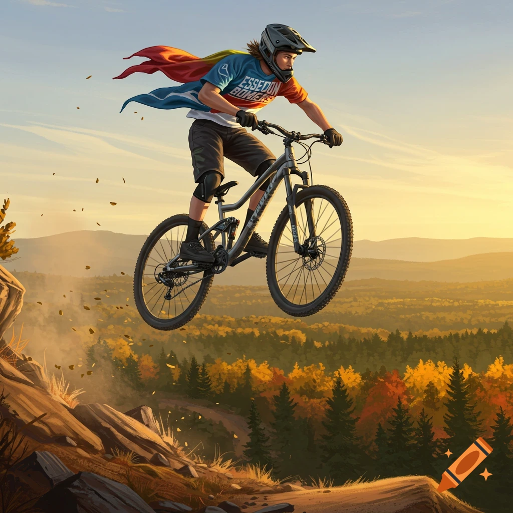 A teenage boy on a mountain bike leaps over a rocky ledge, wearing a red and blue jersey with a cape, against a sunset sky over an autumn forest.
