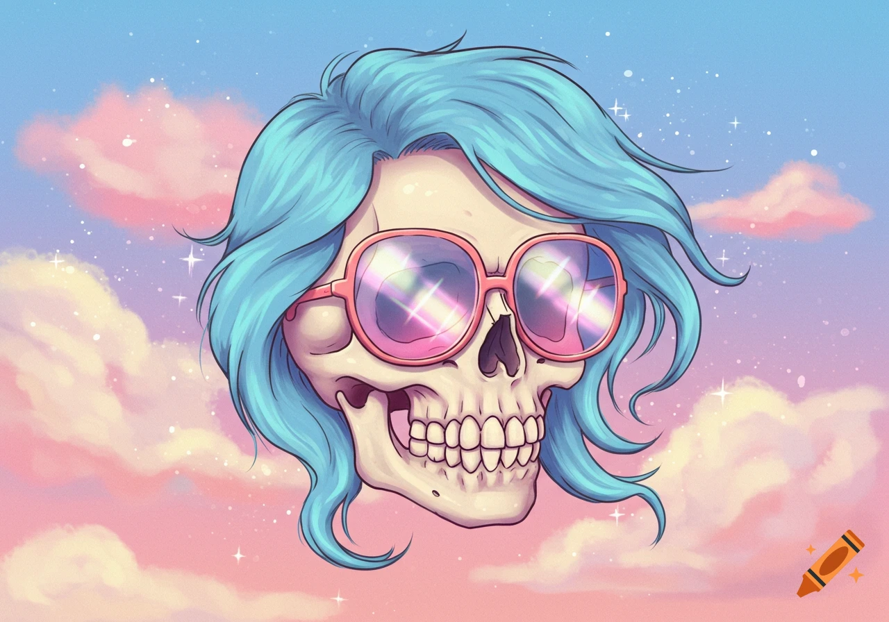 A cartoon skull with blue wavy hair and pink sunglasses, set against a pastel pink and blue cloudy sky with sparkling stars.