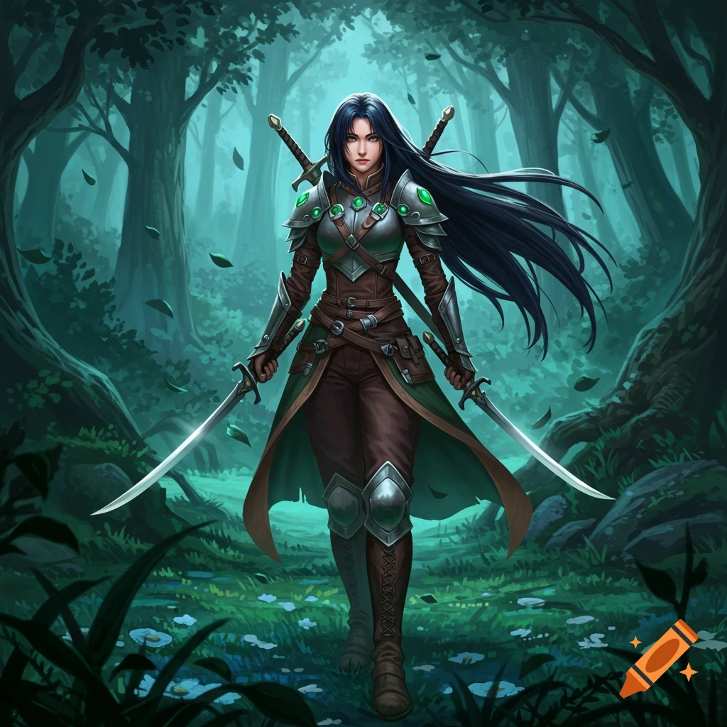 An anime-style fantasy ranger with long black hair, dressed in armor, holding two swords, standing in a magical forest.