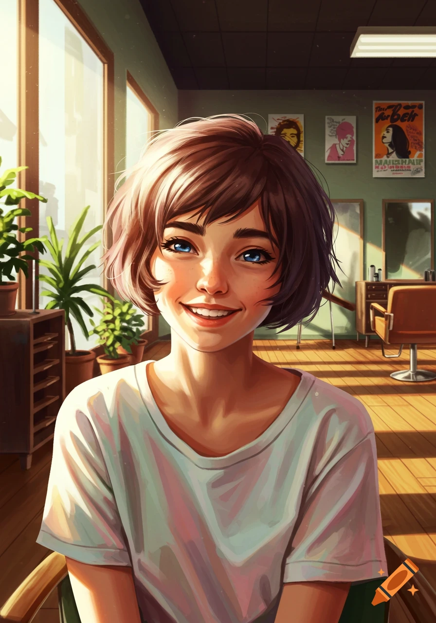 A young girl with short brown hair and blue eyes smiles brightly in a sunny hair salon, in an illustration style.