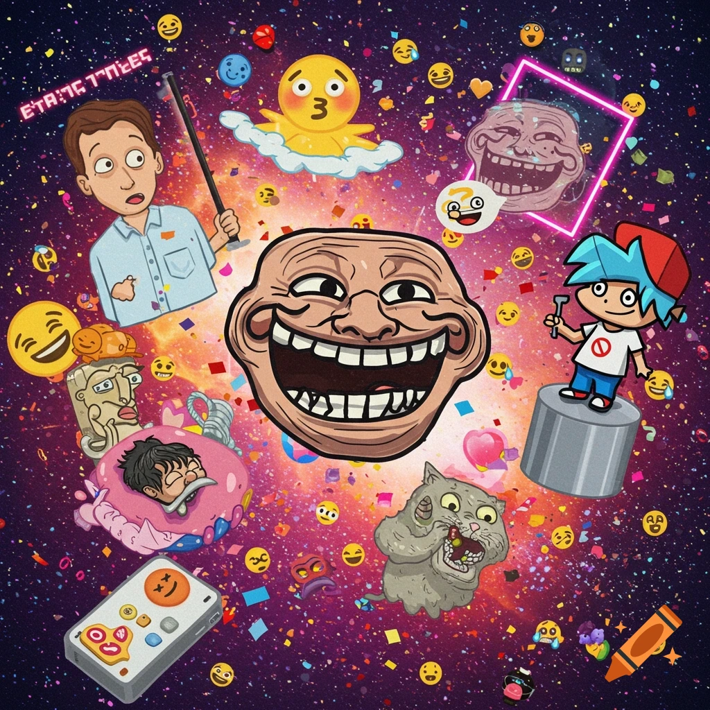 A chaotic collage of popular internet memes and emojis, including Trollface, Boyfriend from FNF, and a distorted cat, set against a cosmic background.