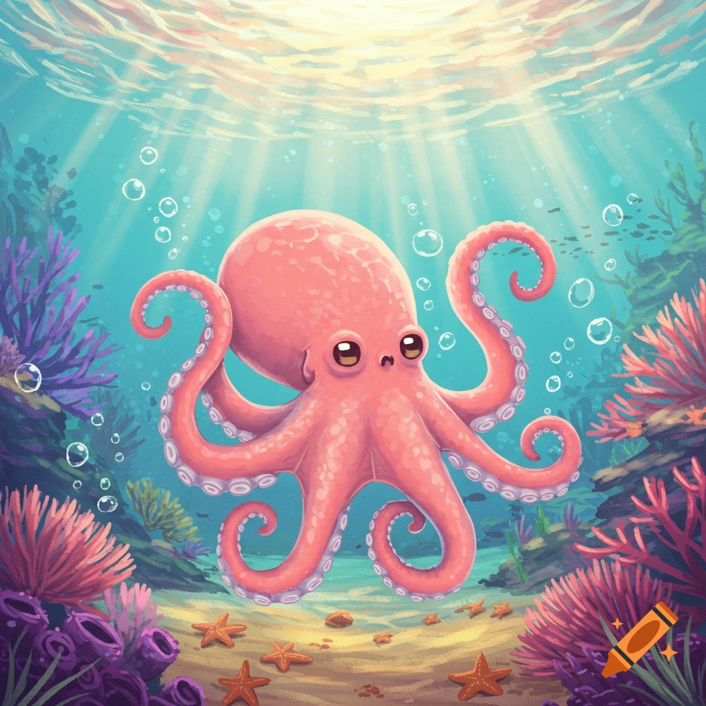 A cute, pink, cartoon-style octopus floats in clear blue water surrounded by vibrant coral, starfish, and sunlight filtering from above.