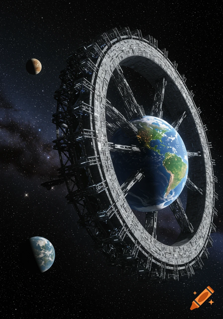 A photorealistic sci-fi image of a giant wheel-shaped space station with Earth at its core, orbiting in space with other planets visible.